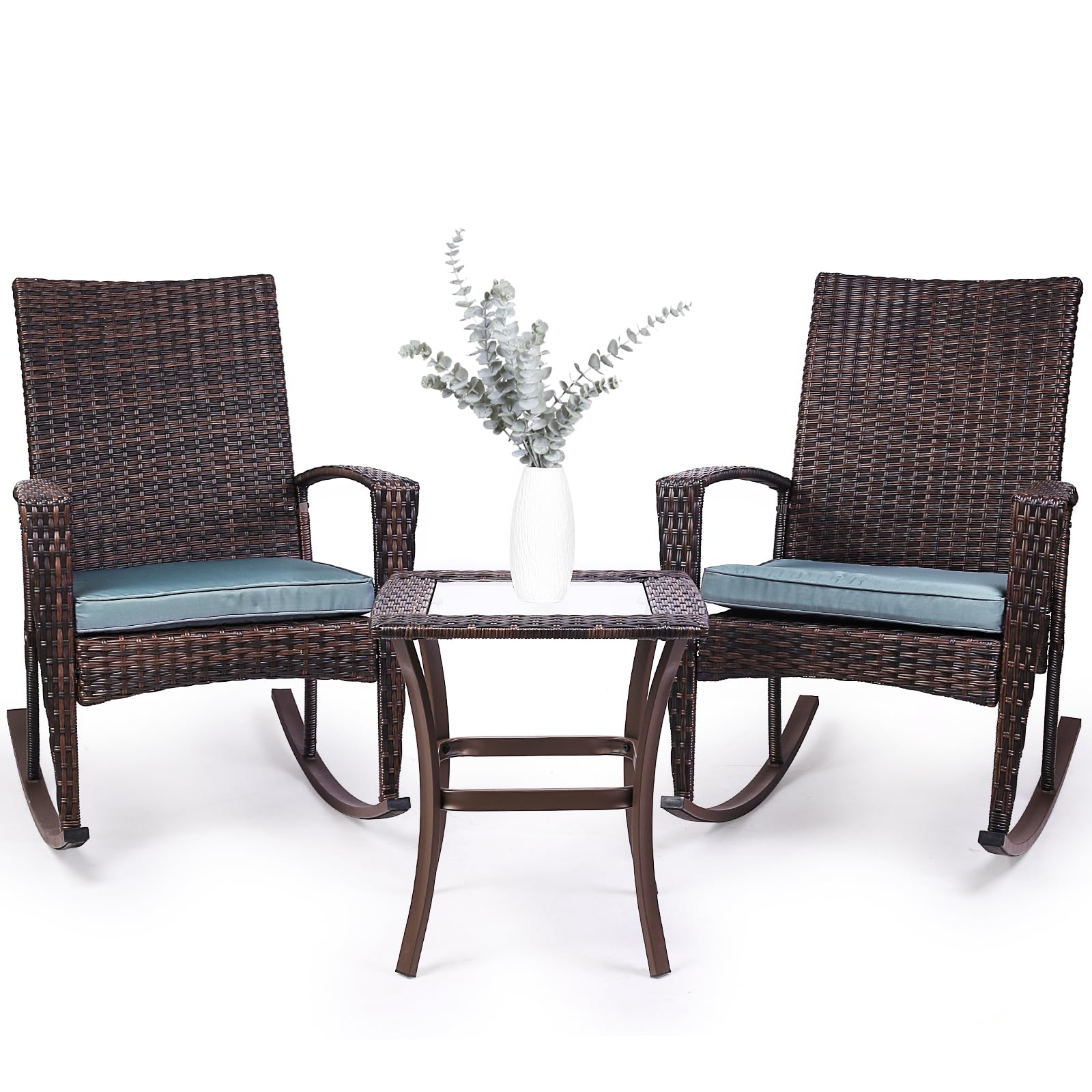 Niubya 3 Piece Wicker Rocking Chair Patio Furniture Sets, Outdoor Wicker Bistro Rattan Chair Conversation Sets with Cushions and Coffee Table, Grey and Brown
