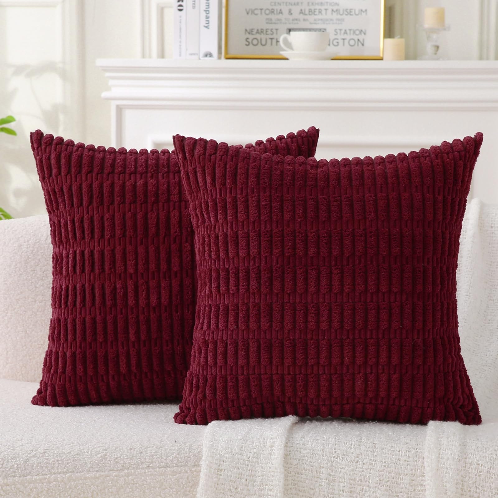 Beige 2 Pack 18×18 Inch Striped Corduroy Boho Throw Pillows with Inserts for Sofa Couch Bed Decor