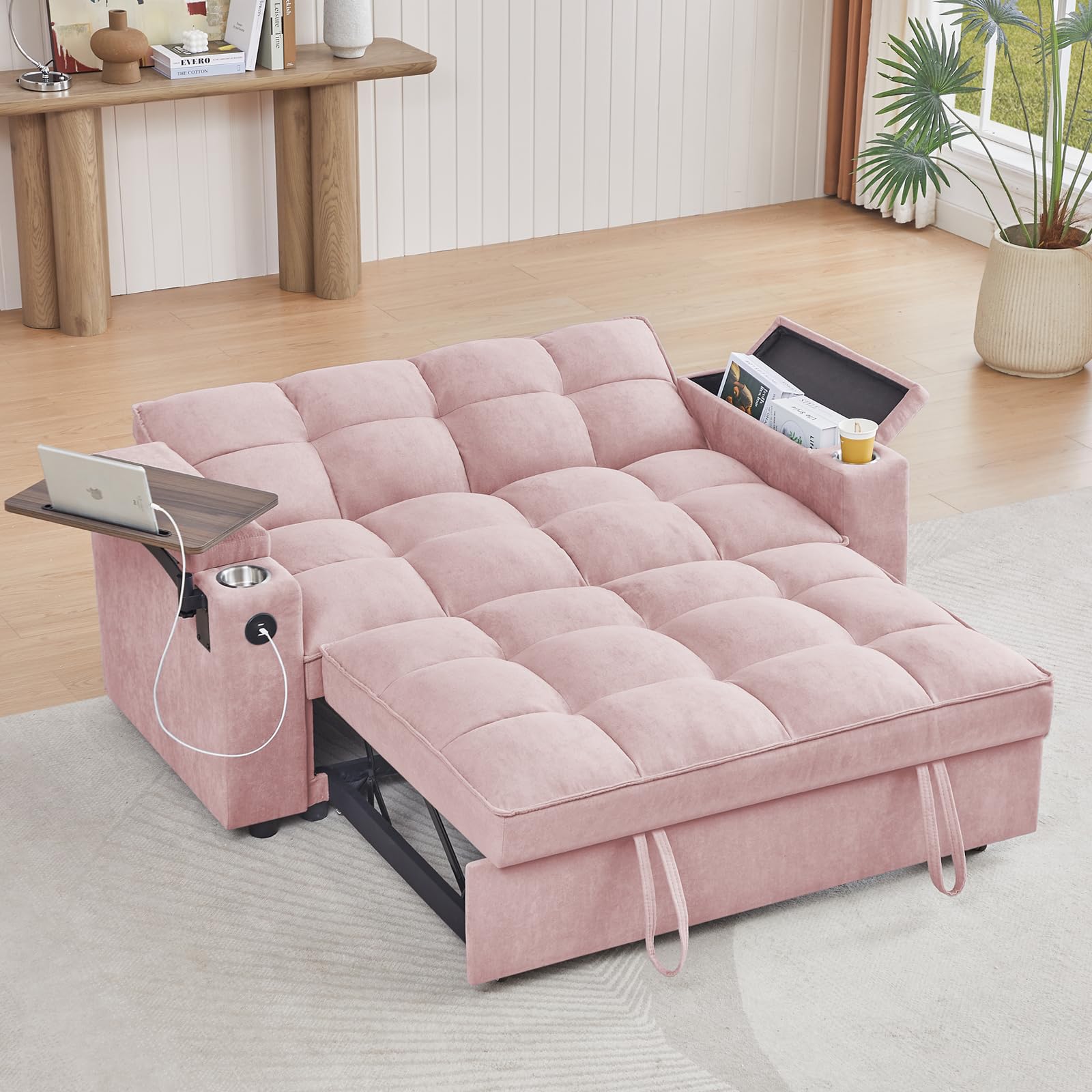 hansones 65'' 3-in-1 Folding Convertible Sofa Bed, Pullout Sofa, Modern Chenille Fabric, 360° Swivel Side Table, Easy Assembly, Perfect for Living Room, Black