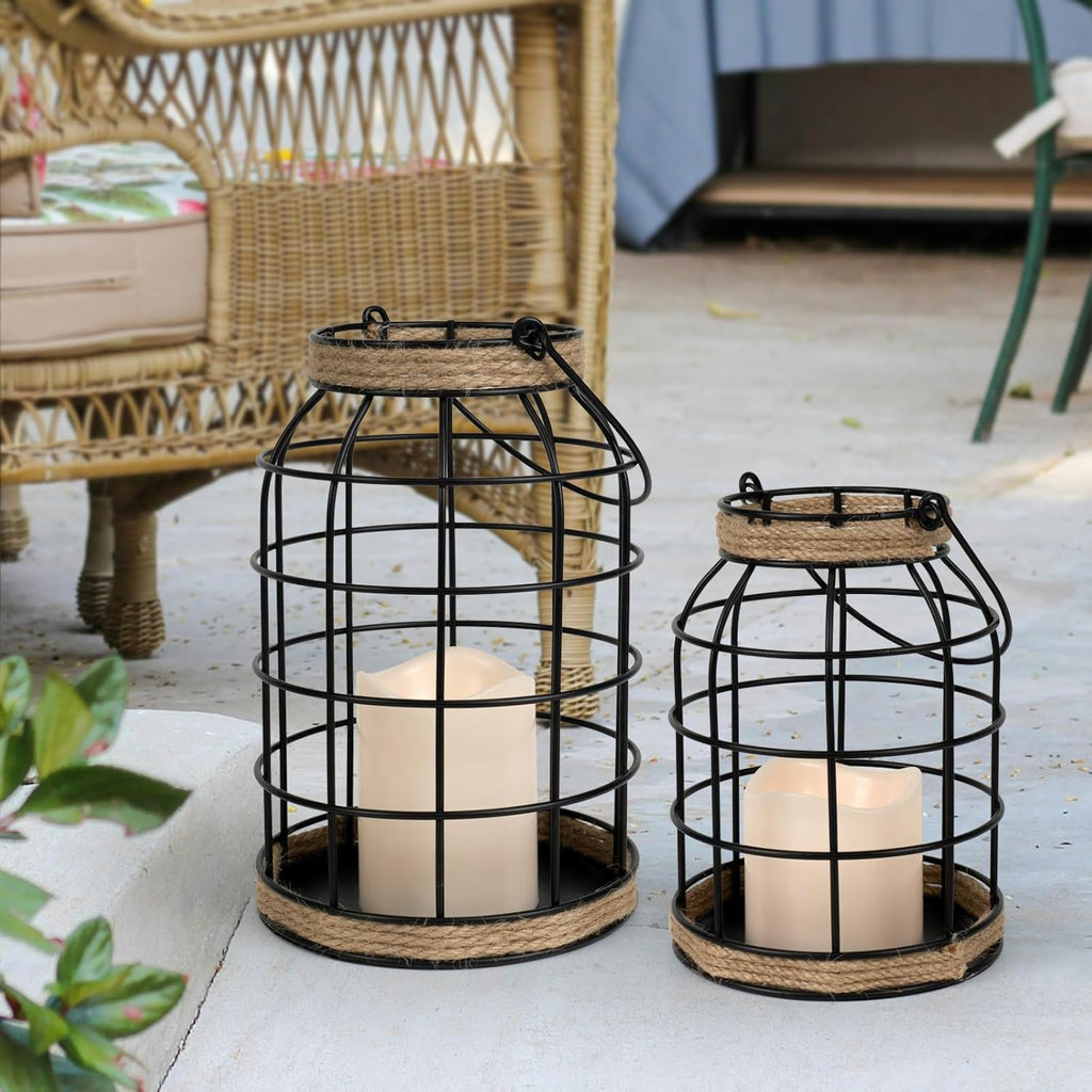 Rustic Farmhouse Decorative Lantern Set of 2, Boho Lanterns with LED Candles, Modern Farmhouse Indoor Outdoor Decor for Living Room Patio Porch Fireplace Kitchen Dining Table Centerpiece