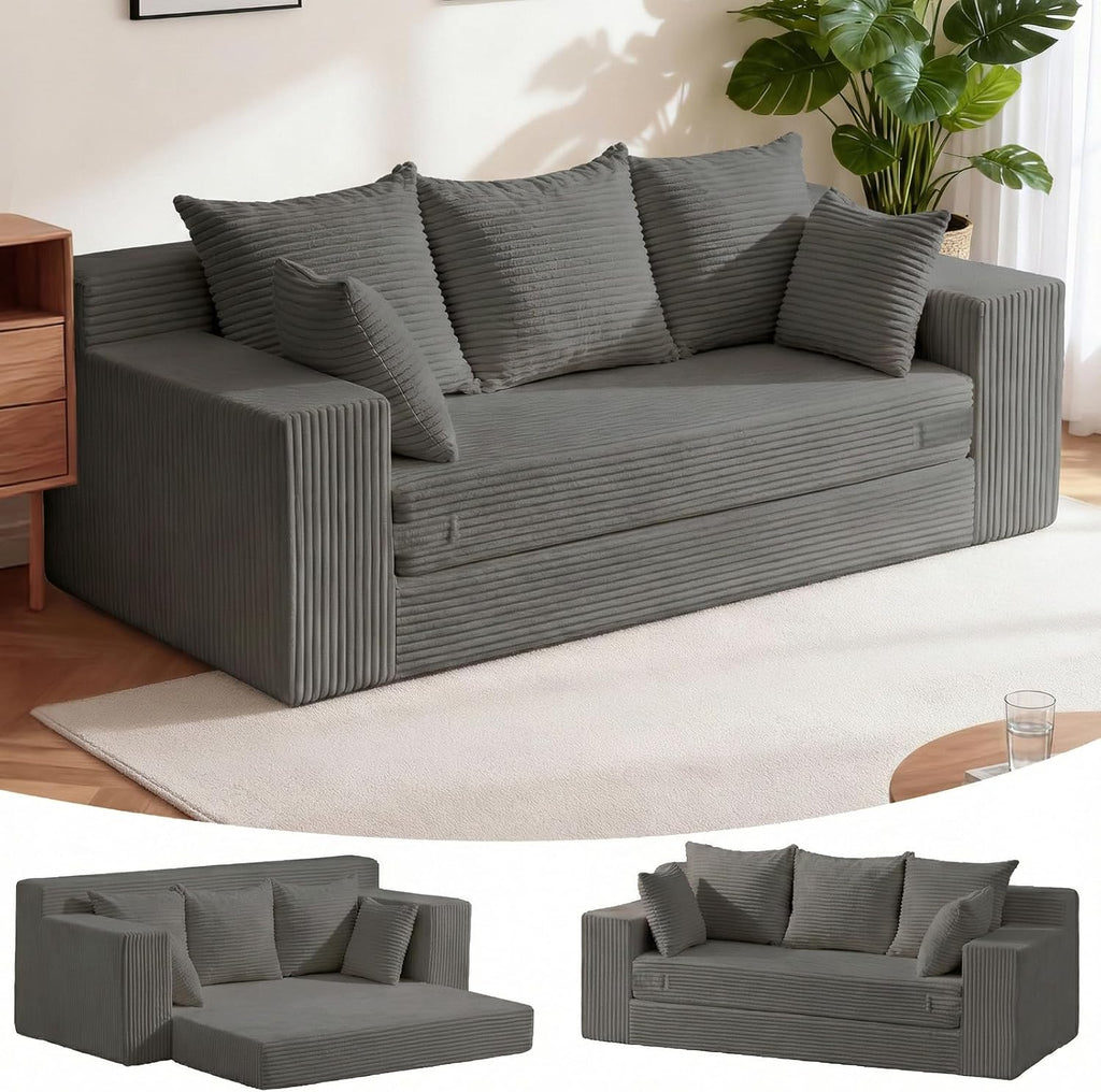 Oversized Boneless Loveseat, 3 Seater Pull Out Convertible Sofa Bed, 70" Gray Boneless Couch Fold Out Floor Couch Sleeper Sofa with 5 Pillows for Living Room Bedroom Lounge Small Space