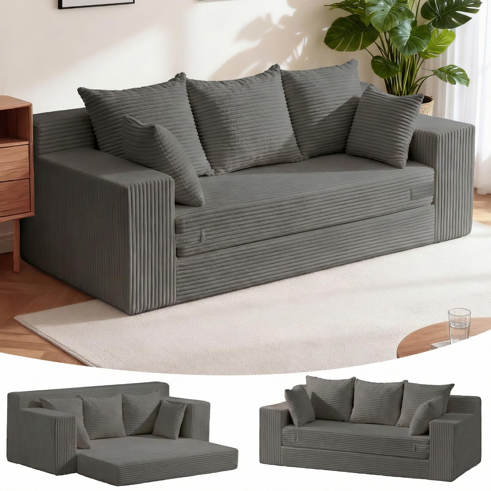Oversized Boneless Loveseat, 3 Seater Pull Out Convertible Sofa Bed, 70" Gray Boneless Couch Fold Out Floor Couch Sleeper Sofa with 5 Pillows for Living Room Bedroom Lounge Small Space