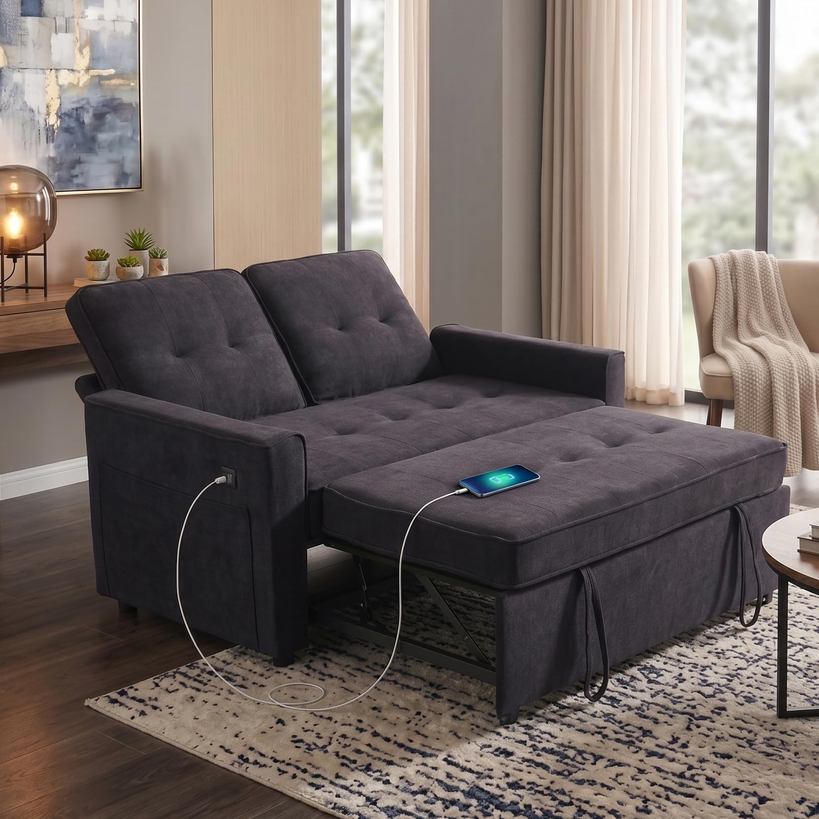Actinidia 3 in 1 Convertible Sofa Bed, 53" Modern Loveseat Sleeper Sofa with USB Port & Storage Pockets, Pull Out Couch with Reclining Backrest, Futon Bed for Small Spaces, Living Room (Dark Gray)