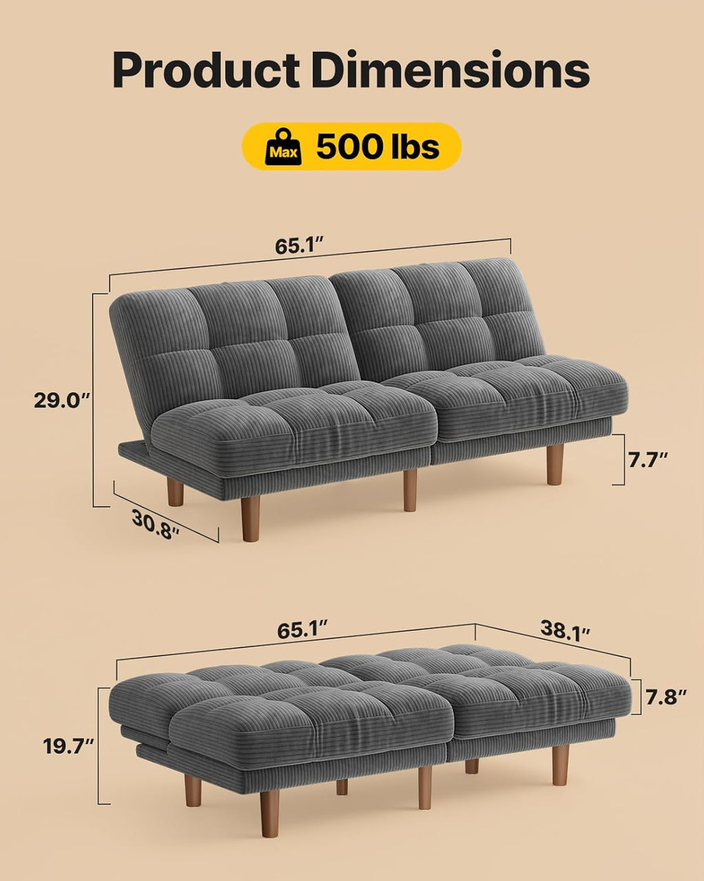 AMADA HOMEFURNISHING 65" Loveseat Sofa, Convertible Futon Couch with Adjustable Backrest, Ergonomic Sleeper Sofa Bed Recliner with Corduroy Fabric for Apartment, Living Room, Office, Grey