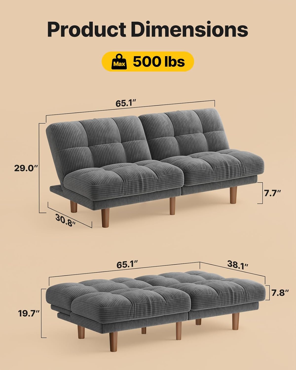 AMADA HOMEFURNISHING 65" Loveseat Sofa, Convertible Futon Couch with Adjustable Backrest, Ergonomic Sleeper Sofa Bed Recliner with Corduroy Fabric for Apartment, Living Room, Office, Grey