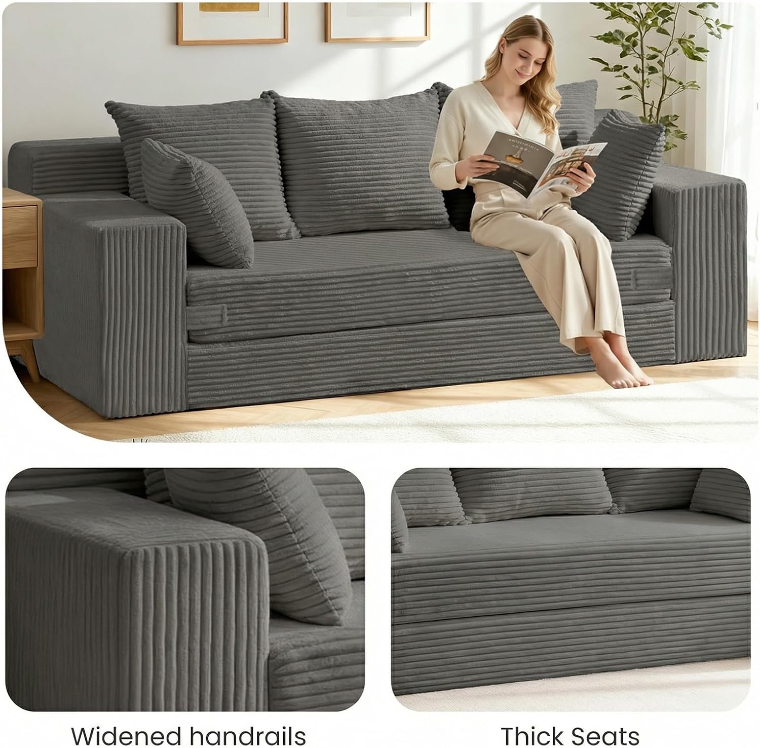 Oversized Boneless Loveseat, 3 Seater Pull Out Convertible Sofa Bed, 70" Gray Boneless Couch Fold Out Floor Couch Sleeper Sofa with 5 Pillows for Living Room Bedroom Lounge Small Space
