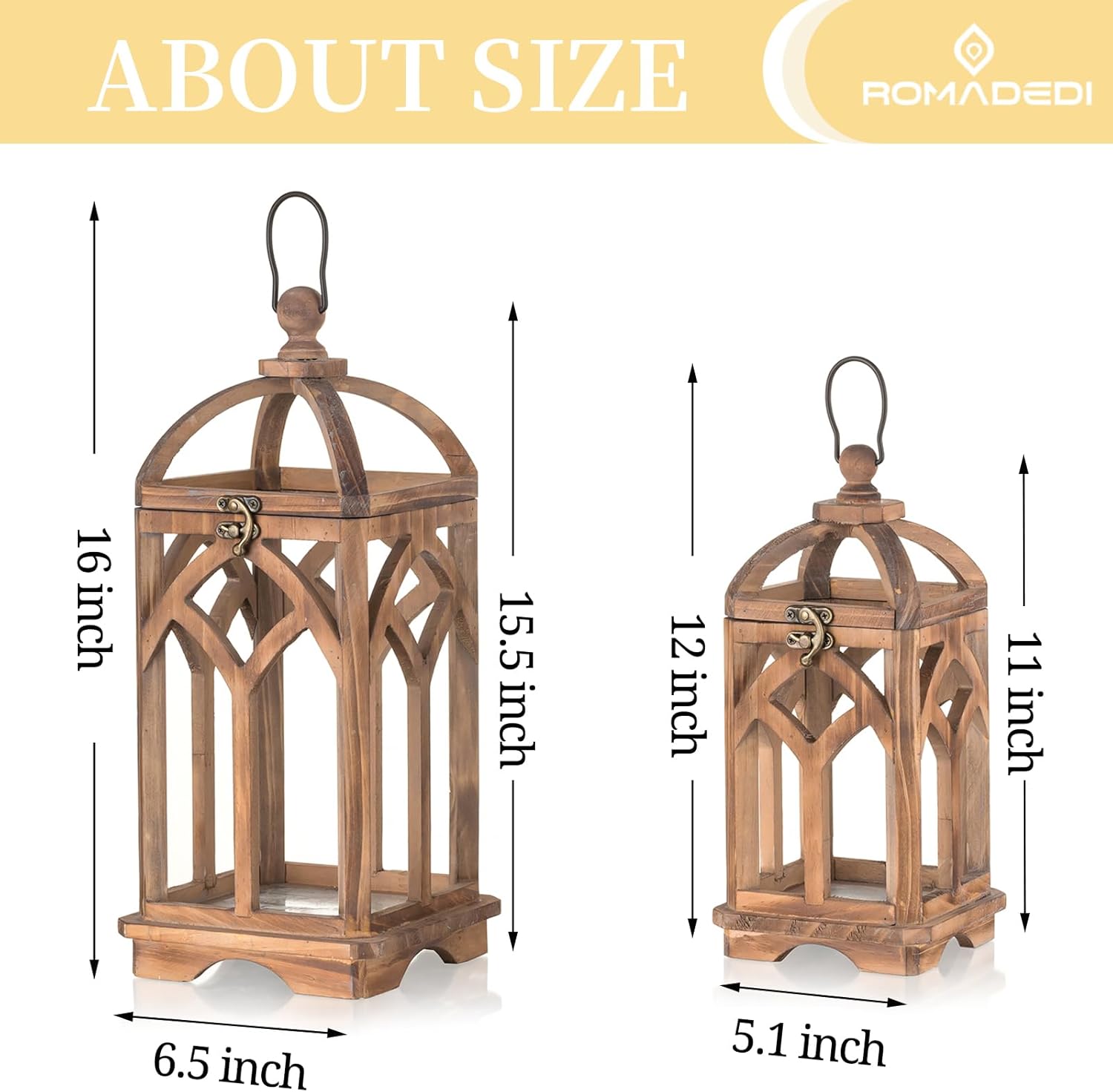 Romadedi Farmhouse Candle Lantern Wooden - 12" / 16" Set of 2 Decorative Rustic Wood Candle Holder Home Decor Decoration Wedding Table Centerpiece, Brown