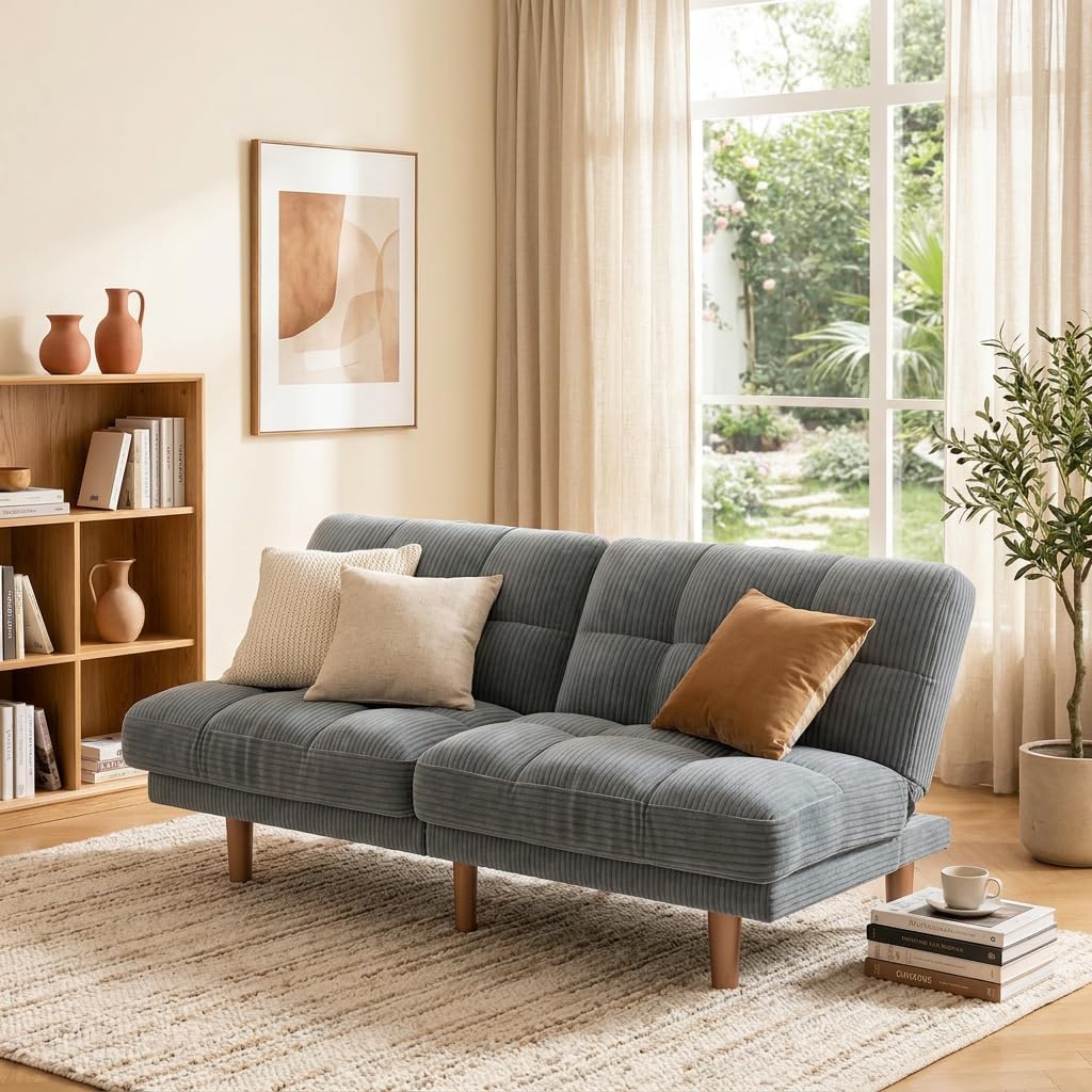 AMADA HOMEFURNISHING 65" Loveseat Sofa, Convertible Futon Couch with Adjustable Backrest, Ergonomic Sleeper Sofa Bed Recliner with Corduroy Fabric for Apartment, Living Room, Office, Grey