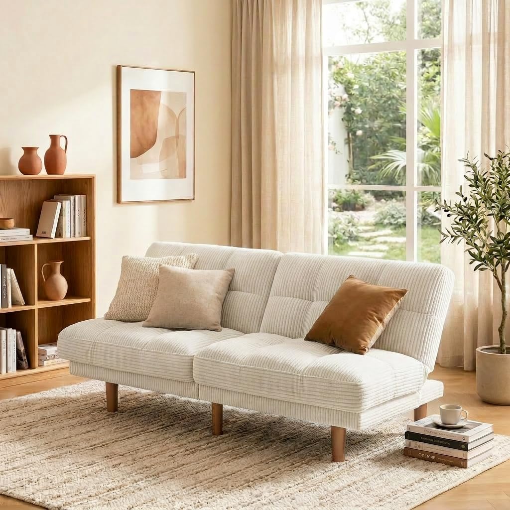 AMADA HOMEFURNISHING 65" Loveseat Sofa, Convertible Futon Couch with Adjustable Backrest, Ergonomic Sleeper Sofa Bed Recliner with Corduroy Fabric for Apartment, Living Room, Office, Grey