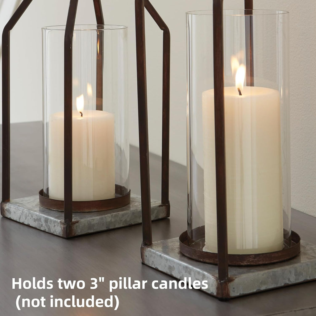 Signature Design by Ashley Diedrick Rustic Lantern, Set of 2, Indoor/Outdoor, Galvanized Metal, Antiqued Finish, Glass Shade, Holds 3 in. Pillar Candles (Not Included), 19" &17", Gray and Black