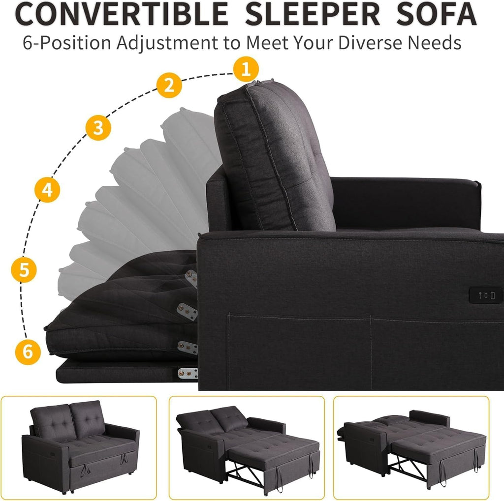 Actinidia 3 in 1 Convertible Sofa Bed, 53" Modern Loveseat Sleeper Sofa with USB Port & Storage Pockets, Pull Out Couch with Reclining Backrest, Futon Bed for Small Spaces, Living Room (Dark Gray)