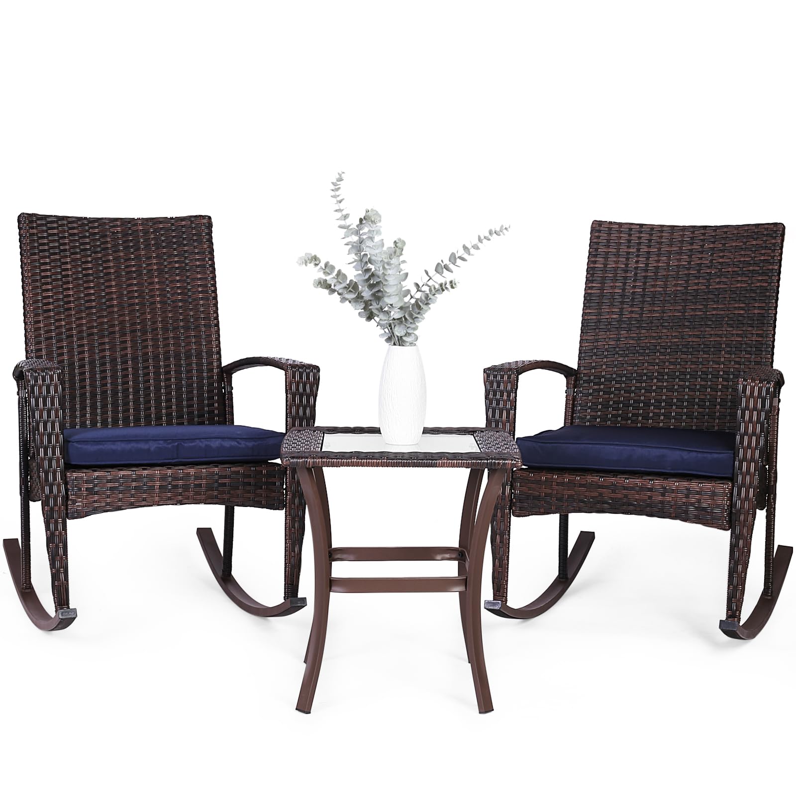 Niubya 3 Piece Wicker Rocking Chair Patio Furniture Sets, Outdoor Wicker Bistro Rattan Chair Conversation Sets with Cushions and Coffee Table, Grey and Brown