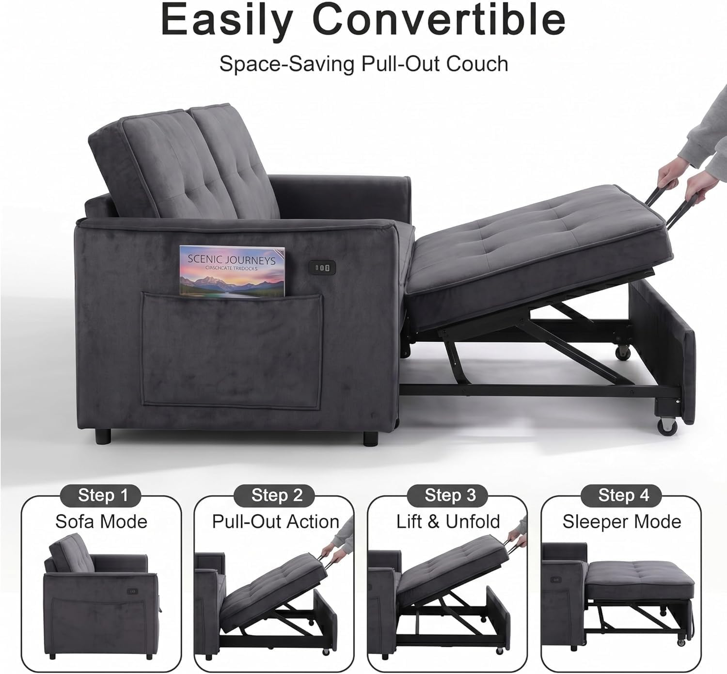Actinidia 3 in 1 Convertible Sofa Bed, 53" Modern Loveseat Sleeper Sofa with USB Port & Storage Pockets, Pull Out Couch with Reclining Backrest, Futon Bed for Small Spaces, Living Room (Dark Gray)
