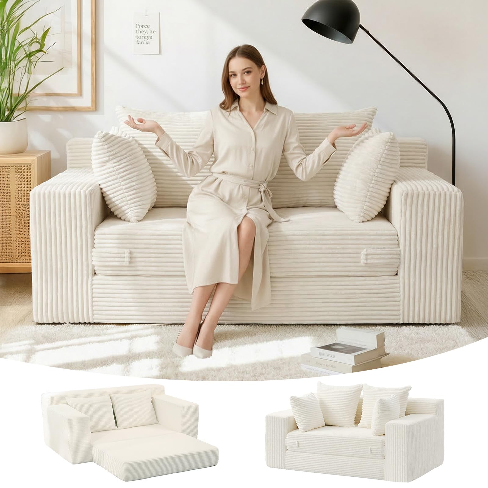 Oversized Boneless Loveseat, 3 Seater Pull Out Convertible Sofa Bed, 70" Gray Boneless Couch Fold Out Floor Couch Sleeper Sofa with 5 Pillows for Living Room Bedroom Lounge Small Space