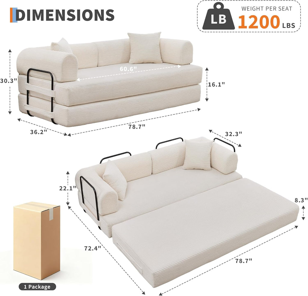 Beige GarveeHome 79" 4-in-1 Corduroy Convertible Folding Sleeper Sofa Bed with Pillow No Assembly