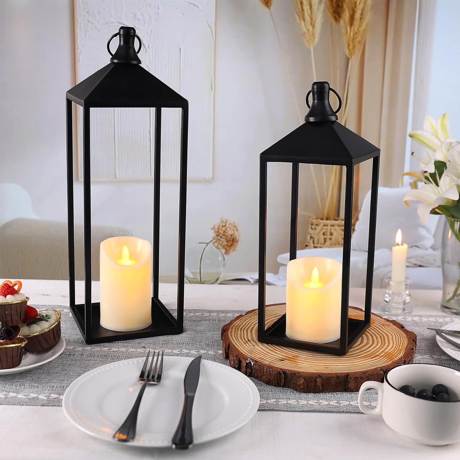 MATAHUM Modern Farmhouse Lanterns Decorative Indoor & Outdoor, 17" 13" Set of 2 Black Vintage Lantern with Flameless Candles, Metal Rustic Lantern Decor for Room, Porch, Mantle, Patio, Home Decor