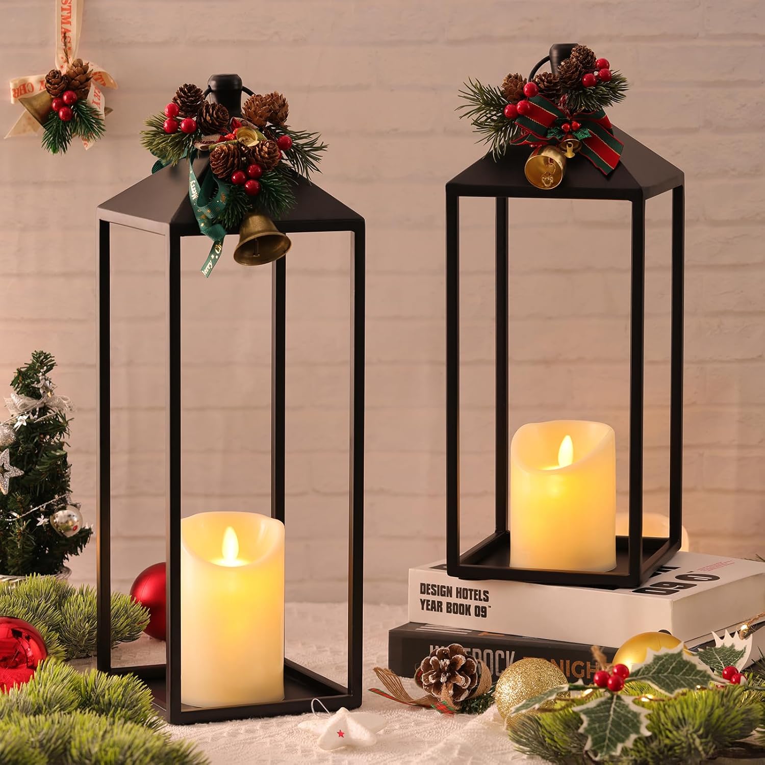 MATAHUM Modern Farmhouse Lanterns Decorative Indoor & Outdoor, 17" 13" Set of 2 Black Vintage Lantern with Flameless Candles, Metal Rustic Lantern Decor for Room, Porch, Mantle, Patio, Home Decor