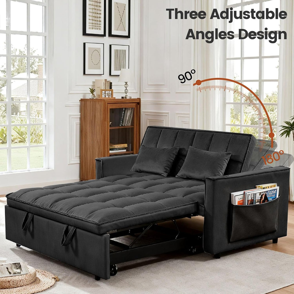 Pull Out Couch, Loveseat Sleeper Sofa Bed with Side Pockets, 3 in 1 Velvet Fabric Convertible Sofa Bed with Adjustable Backrest for Living Room, Bedroom, Apartment, Black