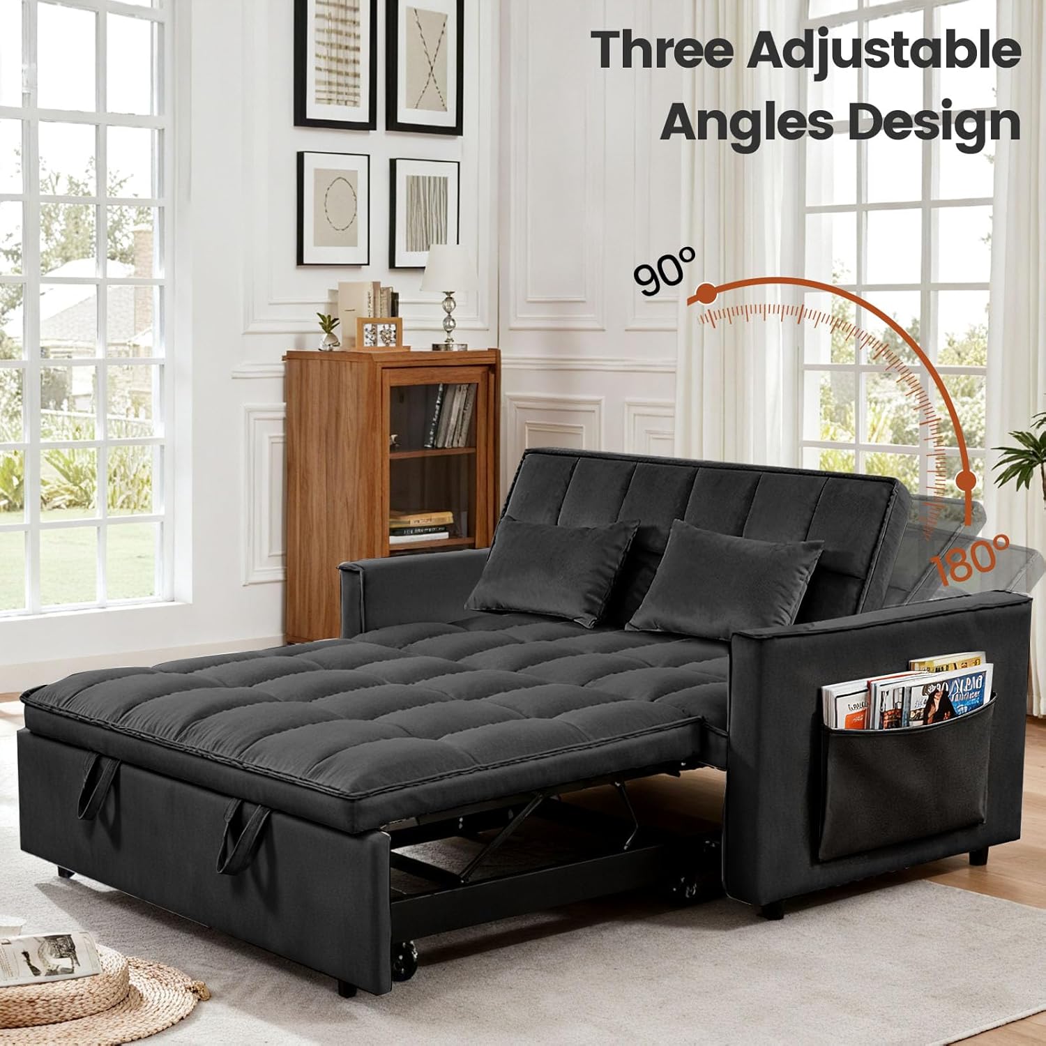 Pull Out Couch, Loveseat Sleeper Sofa Bed with Side Pockets, 3 in 1 Velvet Fabric Convertible Sofa Bed with Adjustable Backrest for Living Room, Bedroom, Apartment, Black