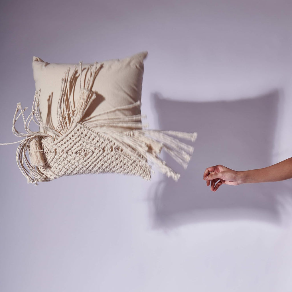 Folkulture Boho Throw Pillow Covers 18X18, Macrame Decorative Pillow Covers, Modern Farmhouse Bohemian Pillowcases for Bed, Couch or Sofa, Set of 2 Farmhouse Pillow Covers with Tassels, Natural White