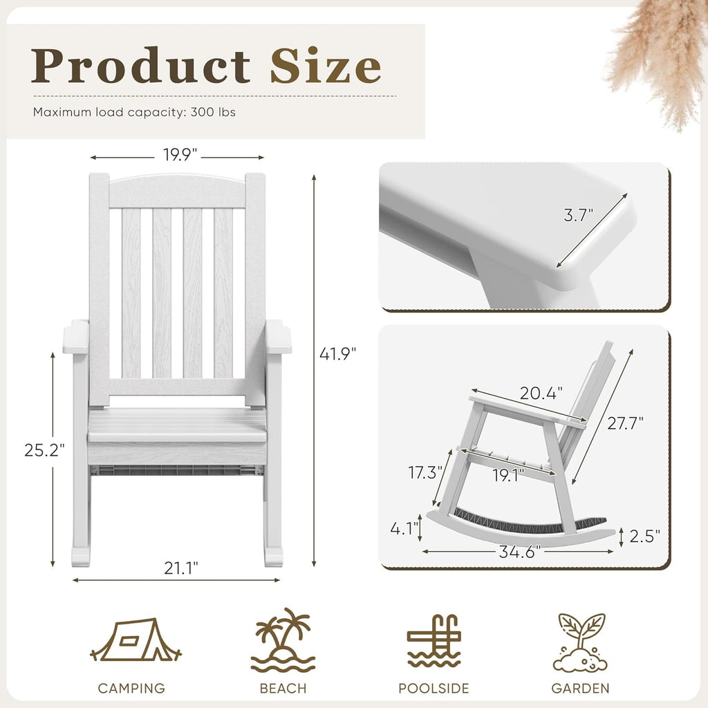 Greesum Outdoor Rocking Chair, 300lbs All-Weather Patio Rocker, Rust-Proof & UV-Resistant, Comfortable Smooth Glide for Deck, Porch, Lawn, or Garden, White