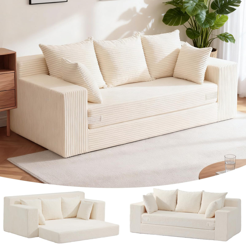 Oversized Boneless Loveseat, 3 Seater Pull Out Convertible Sofa Bed, 70" Gray Boneless Couch Fold Out Floor Couch Sleeper Sofa with 5 Pillows for Living Room Bedroom Lounge Small Space