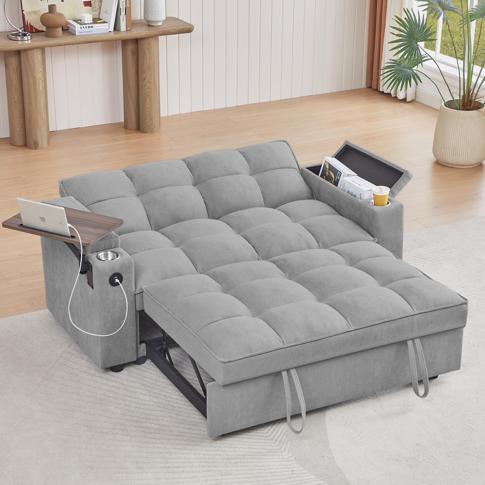 hansones 65'' 3-in-1 Folding Convertible Sofa Bed, Pullout Sofa, Modern Chenille Fabric, 360° Swivel Side Table, Easy Assembly, Perfect for Living Room, Black