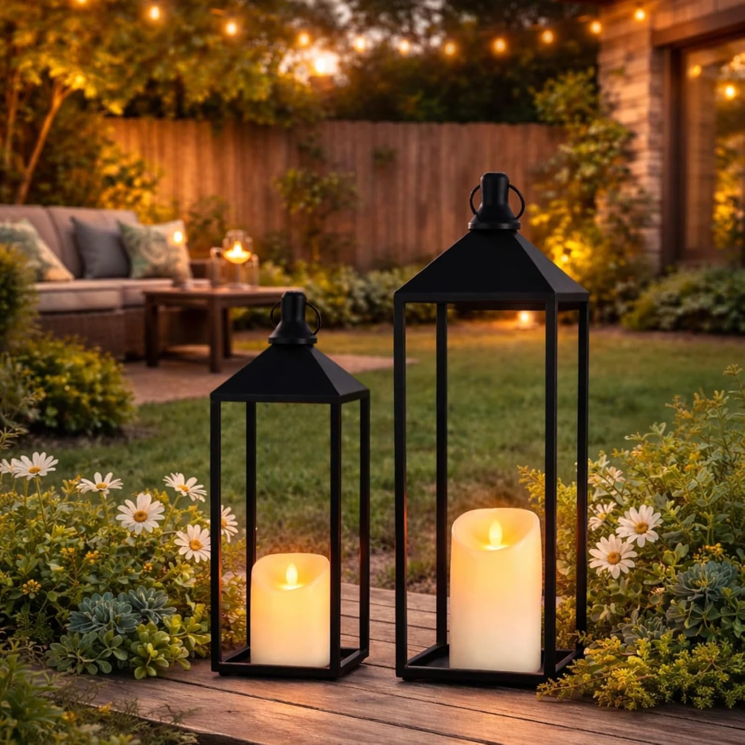 MATAHUM Modern Farmhouse Lanterns Decorative Indoor & Outdoor, 17" 13" Set of 2 Black Vintage Lantern with Flameless Candles, Metal Rustic Lantern Decor for Room, Porch, Mantle, Patio, Home Decor