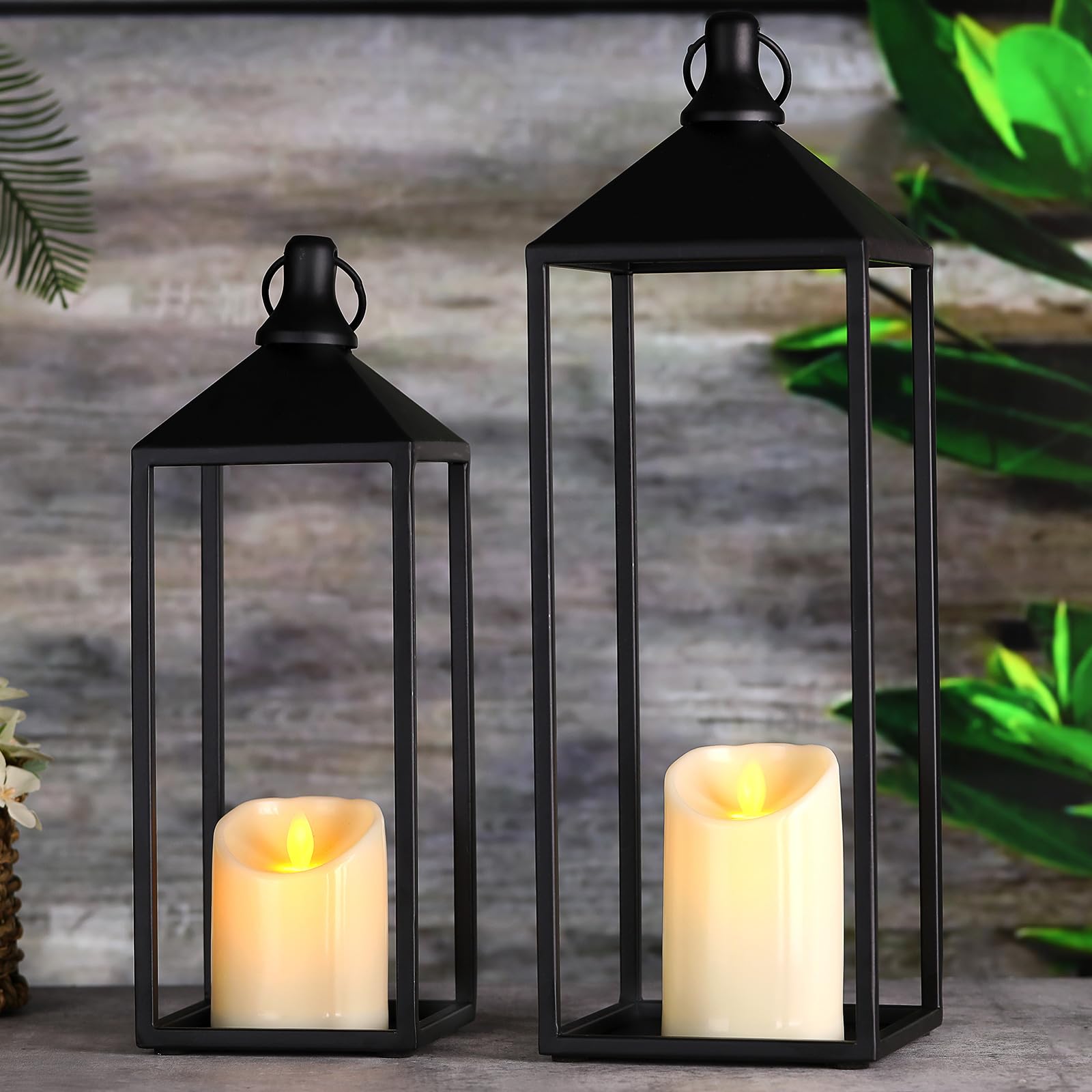 MATAHUM Modern Farmhouse Lanterns Decorative Indoor & Outdoor, 17" 13" Set of 2 Black Vintage Lantern with Flameless Candles, Metal Rustic Lantern Decor for Room, Porch, Mantle, Patio, Home Decor