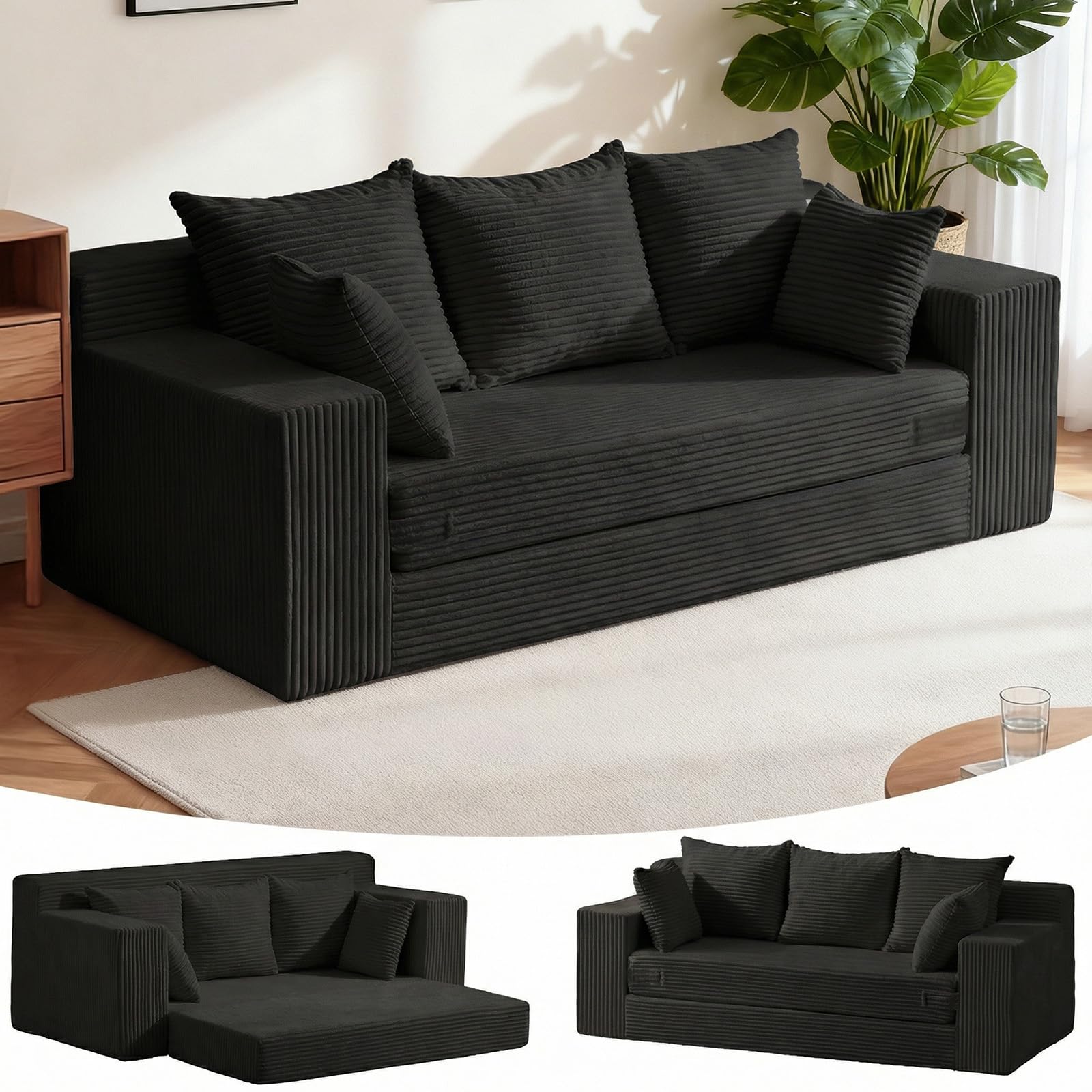 Oversized Boneless Loveseat, 3 Seater Pull Out Convertible Sofa Bed, 70" Gray Boneless Couch Fold Out Floor Couch Sleeper Sofa with 5 Pillows for Living Room Bedroom Lounge Small Space