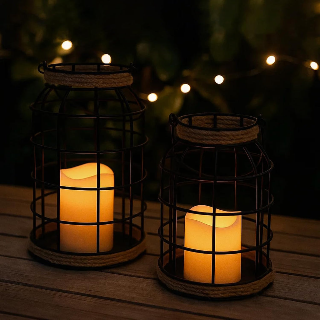 Rustic Farmhouse Decorative Lantern Set of 2, Boho Lanterns with LED Candles, Modern Farmhouse Indoor Outdoor Decor for Living Room Patio Porch Fireplace Kitchen Dining Table Centerpiece