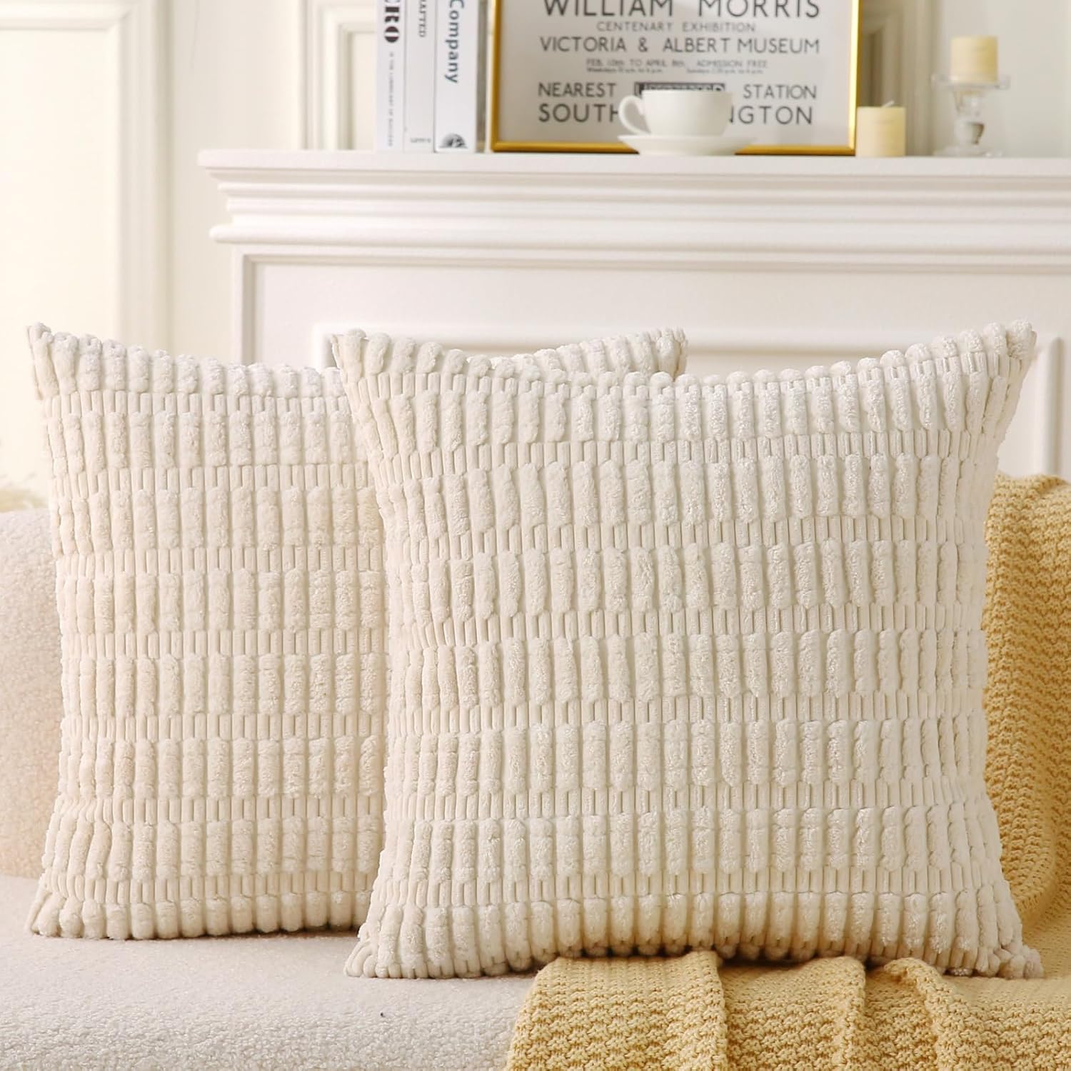 Beige 2 Pack 18×18 Inch Striped Corduroy Boho Throw Pillows with Inserts for Sofa Couch Bed Decor