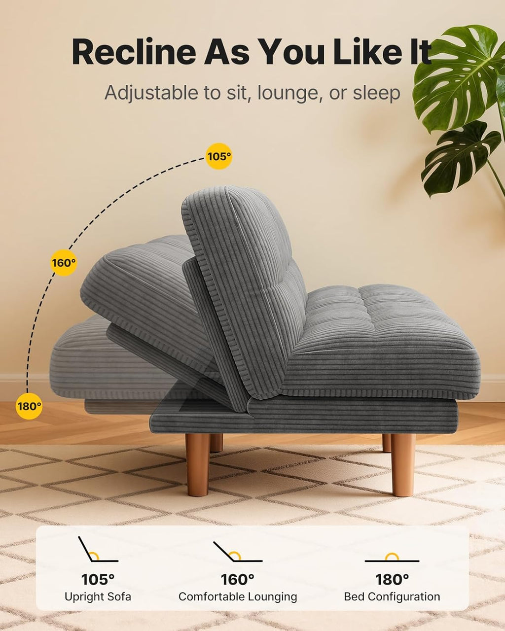 AMADA HOMEFURNISHING 65" Loveseat Sofa, Convertible Futon Couch with Adjustable Backrest, Ergonomic Sleeper Sofa Bed Recliner with Corduroy Fabric for Apartment, Living Room, Office, Grey