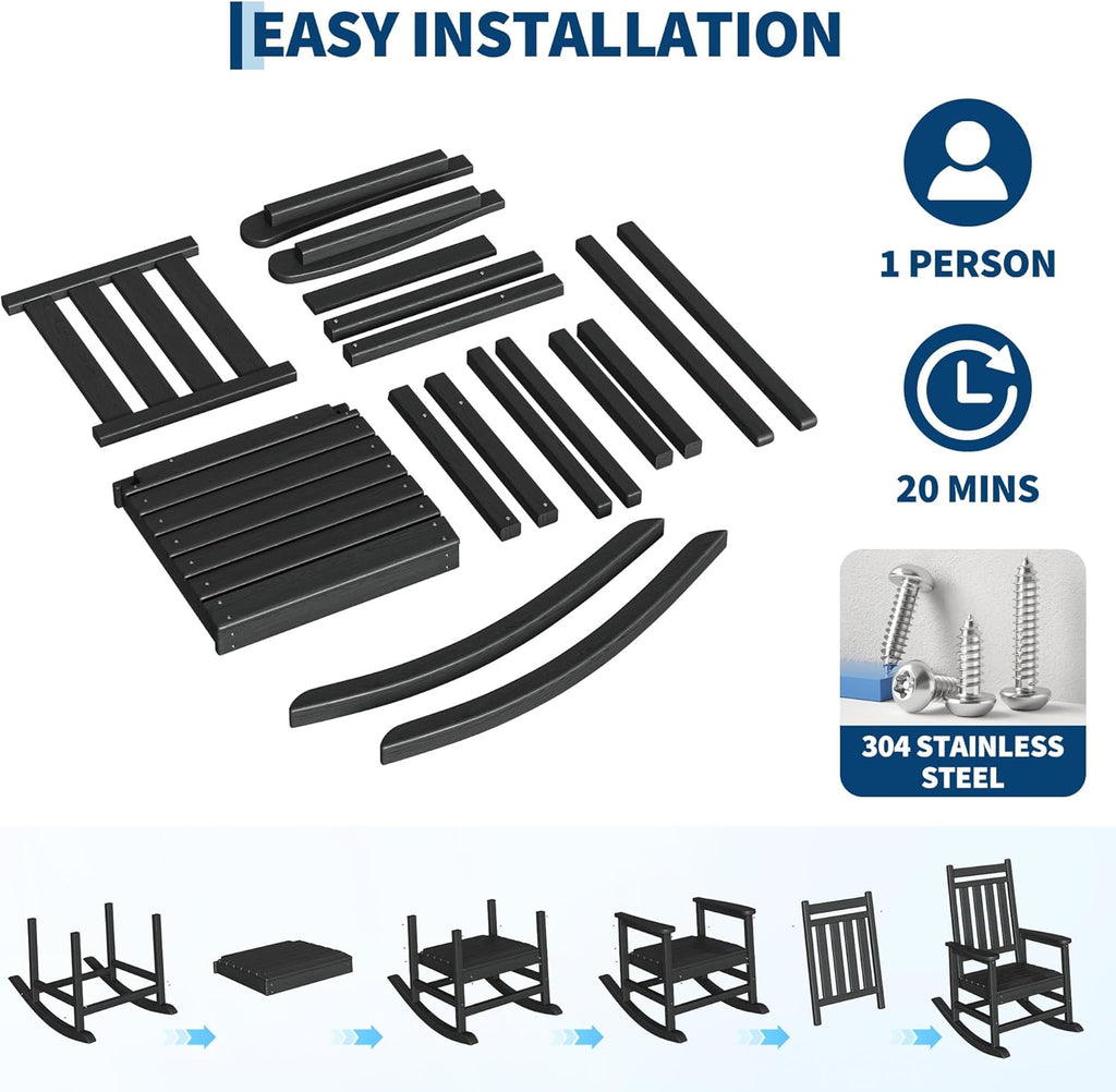 Black Garvee 2-Pack HDPE High Back Outdoor Rocking Chairs with Side Table All Weather Patio Porch Furniture