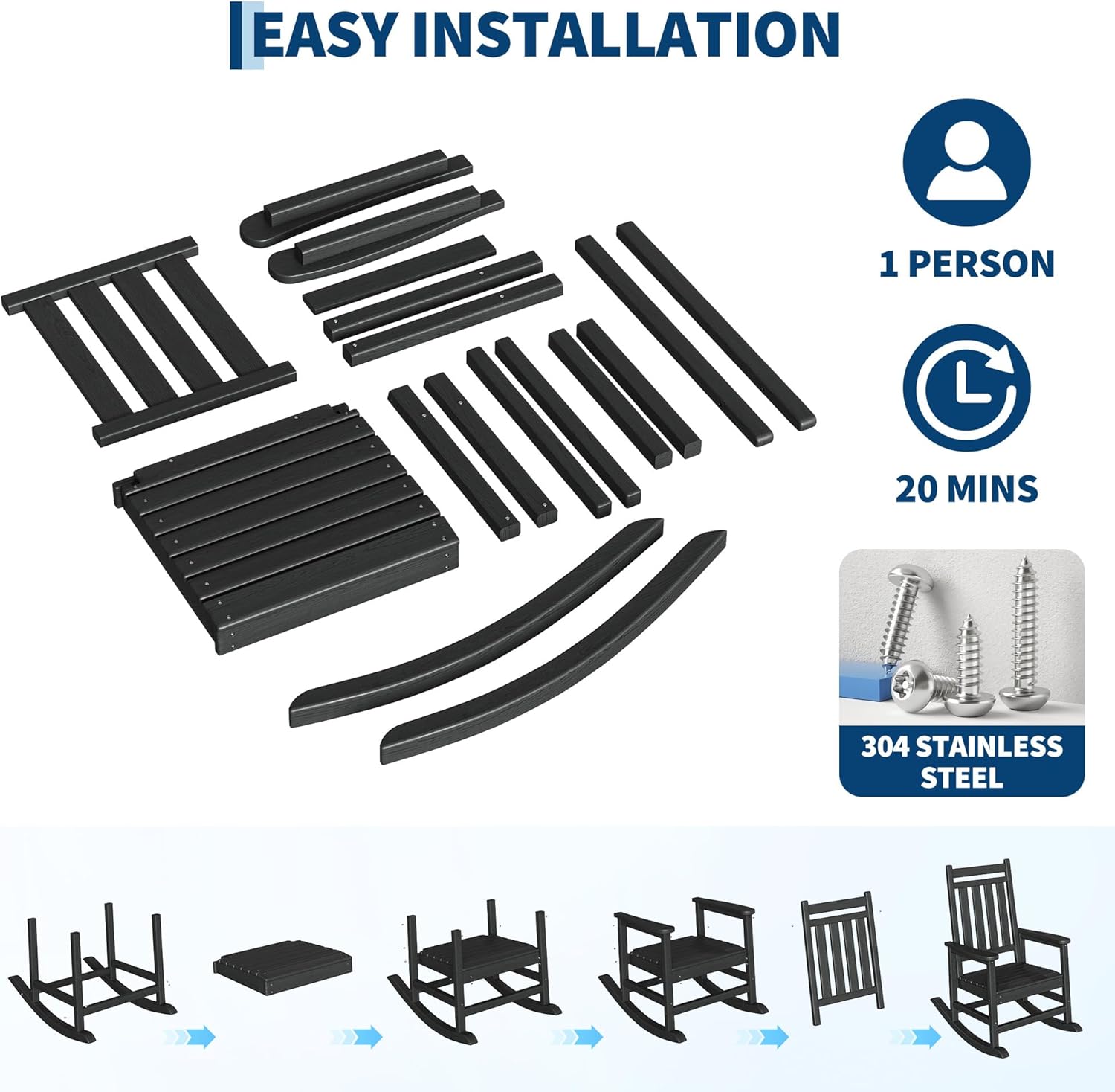 Black Garvee 2-Pack HDPE High Back Outdoor Rocking Chairs with Side Table All Weather Patio Porch Furniture