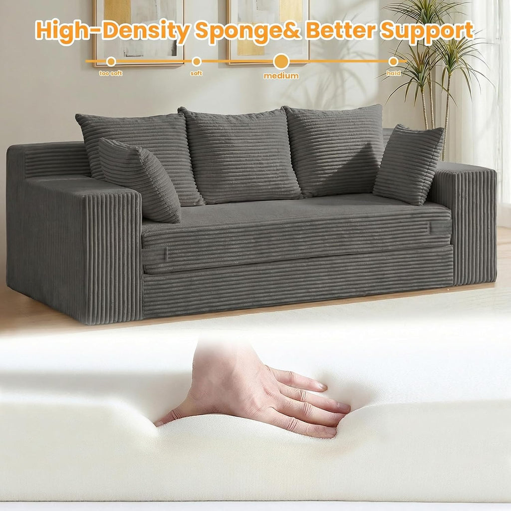 Oversized Boneless Loveseat, 3 Seater Pull Out Convertible Sofa Bed, 70" Gray Boneless Couch Fold Out Floor Couch Sleeper Sofa with 5 Pillows for Living Room Bedroom Lounge Small Space