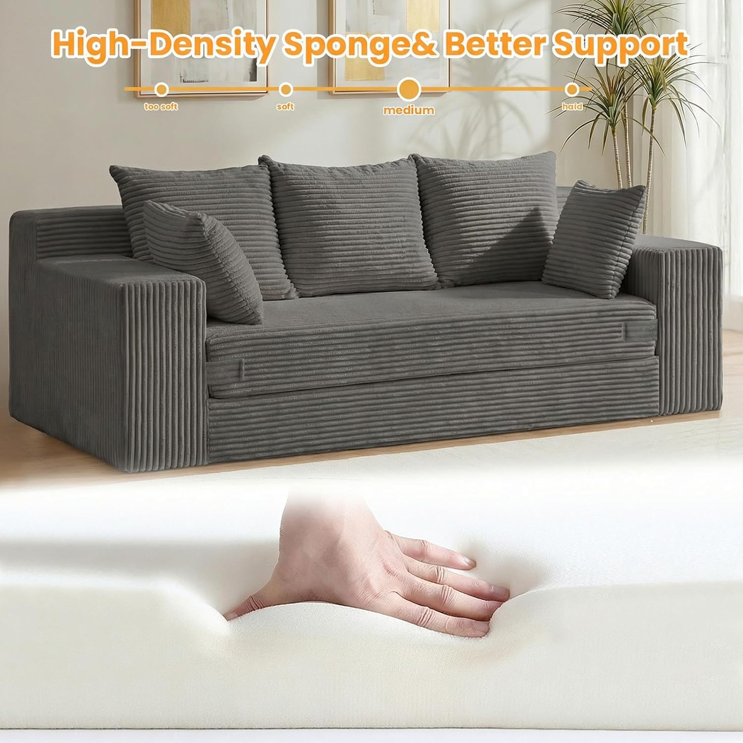 Oversized Boneless Loveseat, 3 Seater Pull Out Convertible Sofa Bed, 70" Gray Boneless Couch Fold Out Floor Couch Sleeper Sofa with 5 Pillows for Living Room Bedroom Lounge Small Space
