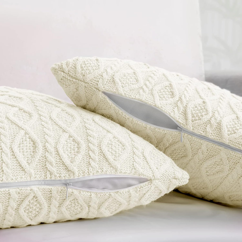 Cream White Homiest 3-Piece Cable Knit Throw Blanket & Pillow Cover Set for Sofa Couch Bed Decor