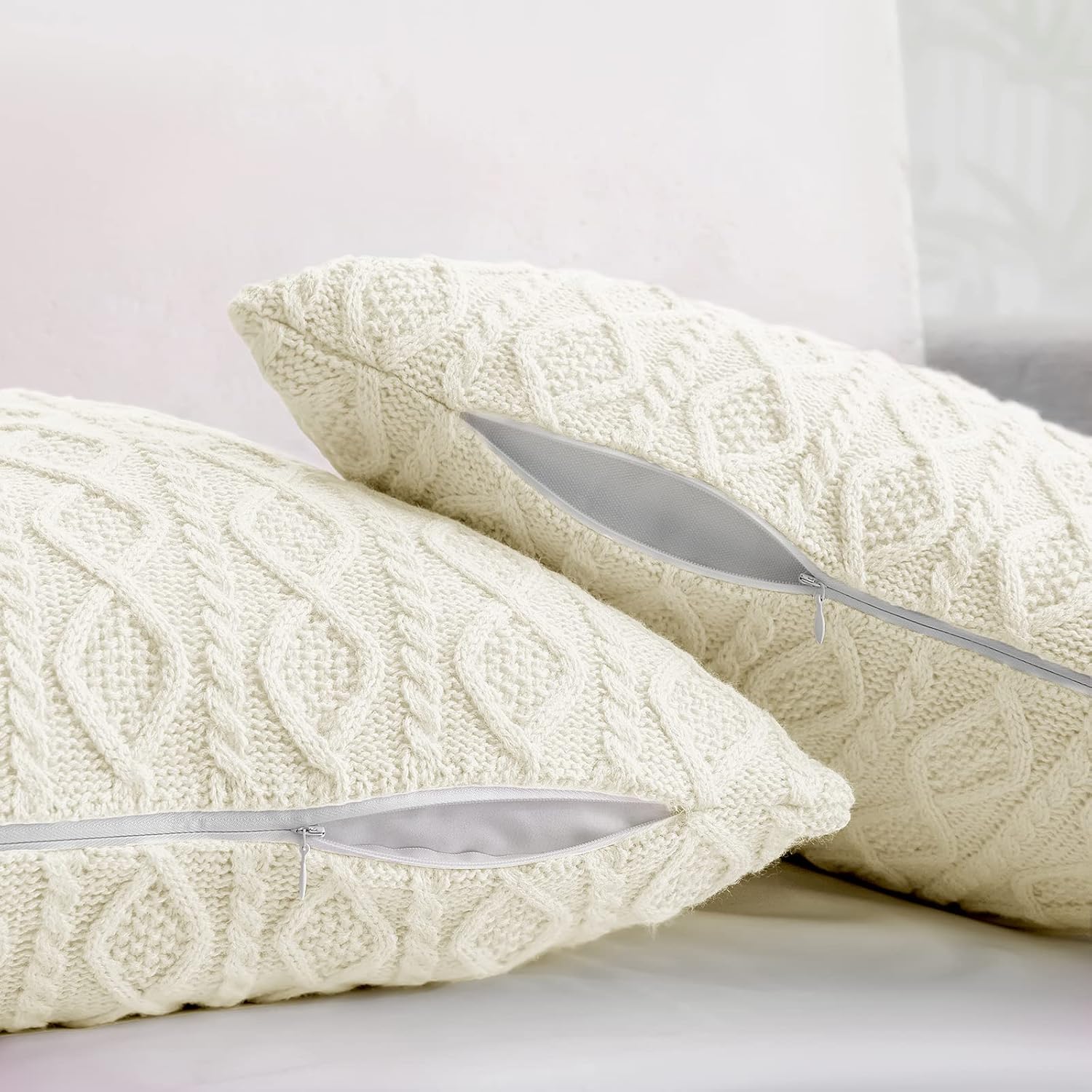 Cream White Homiest 3-Piece Cable Knit Throw Blanket & Pillow Cover Set for Sofa Couch Bed Decor
