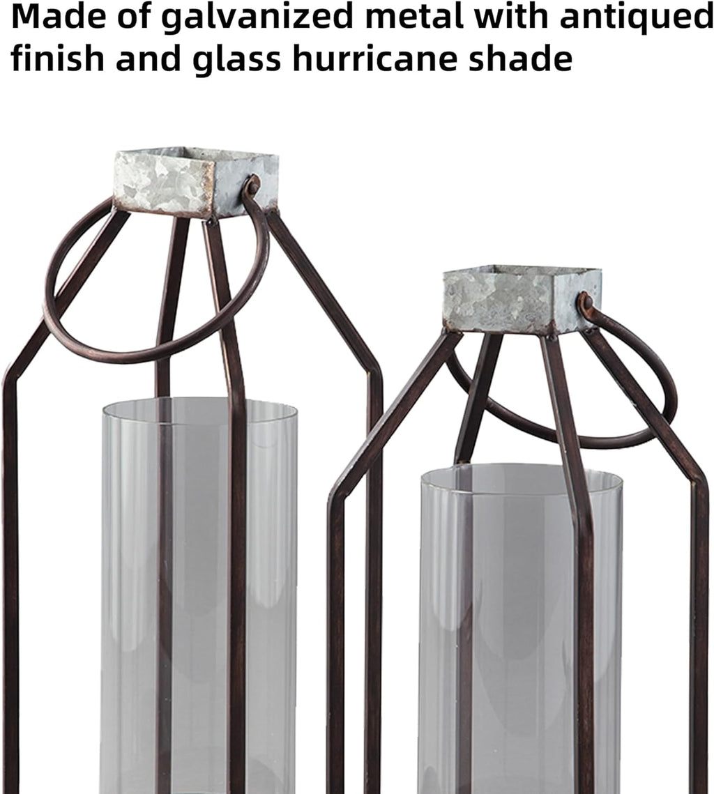 Signature Design by Ashley Diedrick Rustic Lantern, Set of 2, Indoor/Outdoor, Galvanized Metal, Antiqued Finish, Glass Shade, Holds 3 in. Pillar Candles (Not Included), 19" &17", Gray and Black