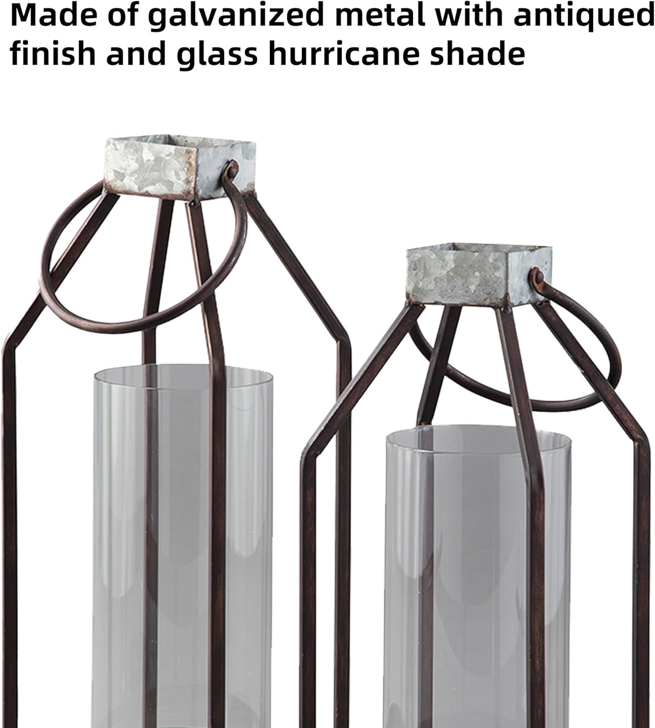 Signature Design by Ashley Diedrick Rustic Lantern, Set of 2, Indoor/Outdoor, Galvanized Metal, Antiqued Finish, Glass Shade, Holds 3 in. Pillar Candles (Not Included), 19" &17", Gray and Black