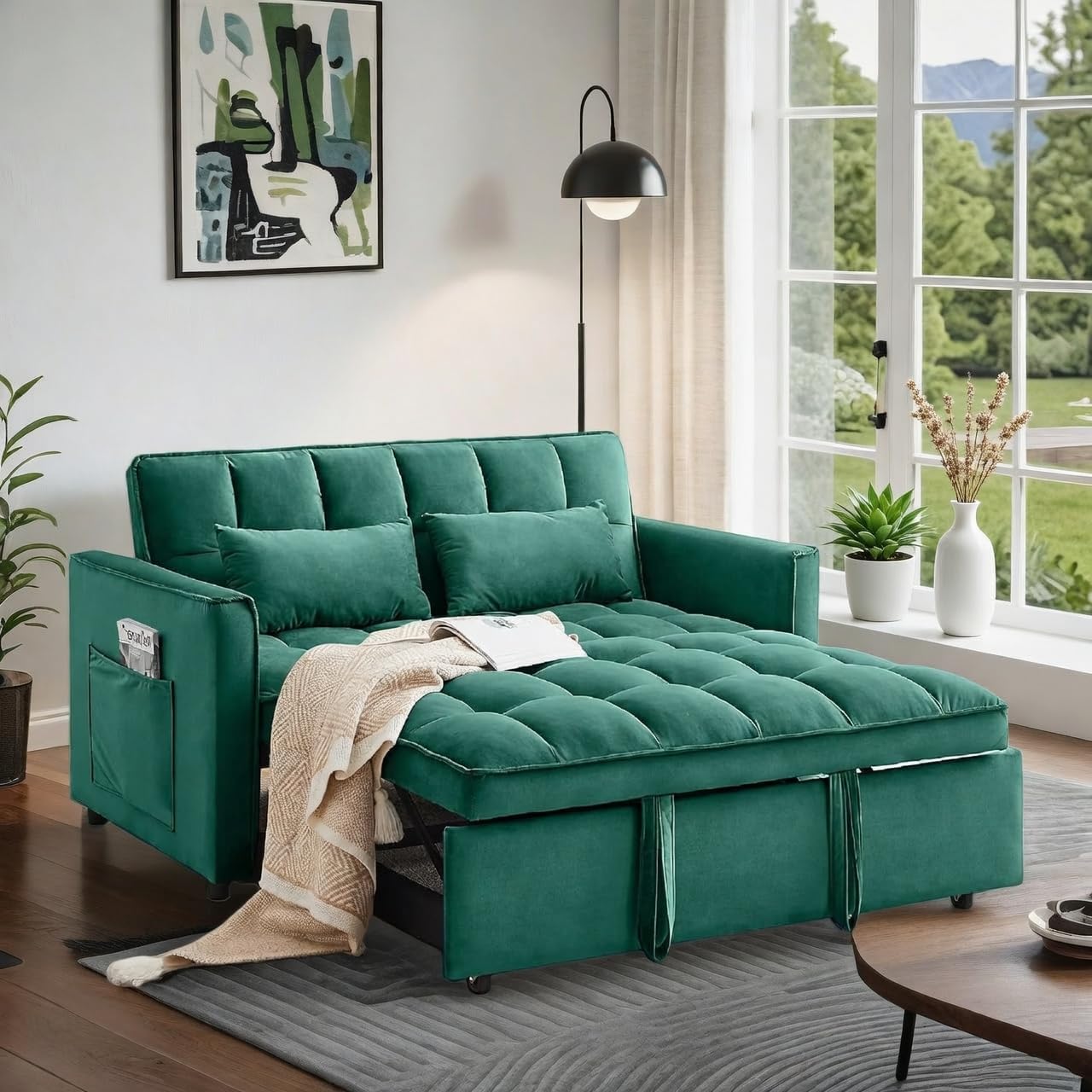 Pull Out Couch, Loveseat Sleeper Sofa Bed with Side Pockets, 3 in 1 Velvet Fabric Convertible Sofa Bed with Adjustable Backrest for Living Room, Bedroom, Apartment, Black