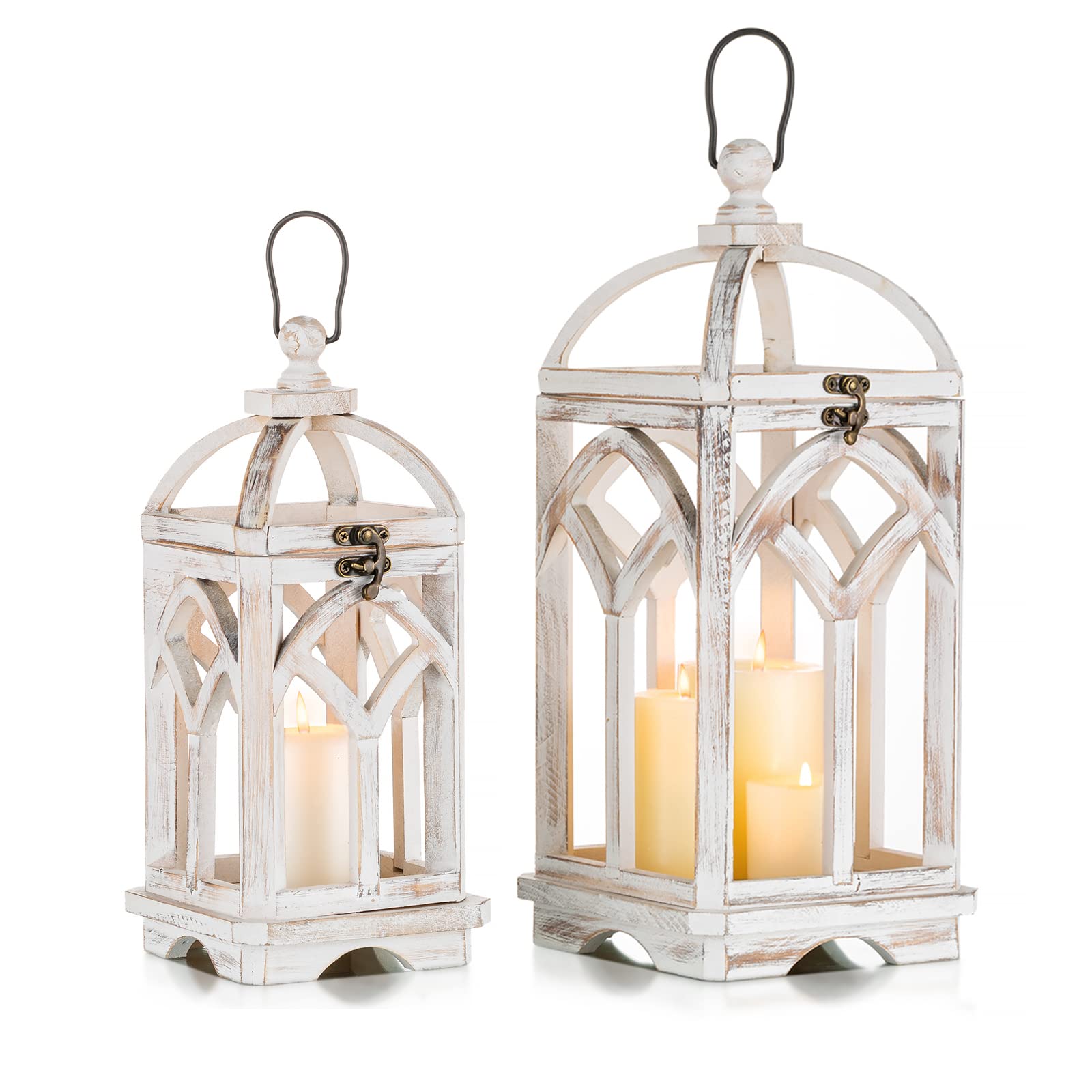 Romadedi Farmhouse Candle Lantern Wooden - 12" / 16" Set of 2 Decorative Rustic Wood Candle Holder Home Decor Decoration Wedding Table Centerpiece, Brown