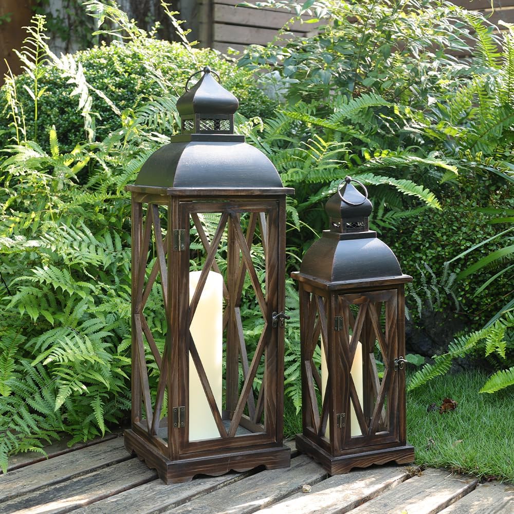 Large Farmhouse Wooden Metal Lantern Set of 2, 30''/22'' H Rustic Decorative Indoor & Outdoor Hanging Candle Lanterns, Wooden Outdoor Lanterns for Patio Front Porch Table, Brown