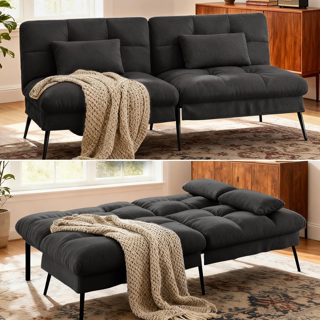 COMHOMA 72″ Futon Sofa Bed,Convertible Fabric Couch with Adjustable Backrest,Loveseat Recliner Sleeper Living Room Furniture futon Set (Grey)