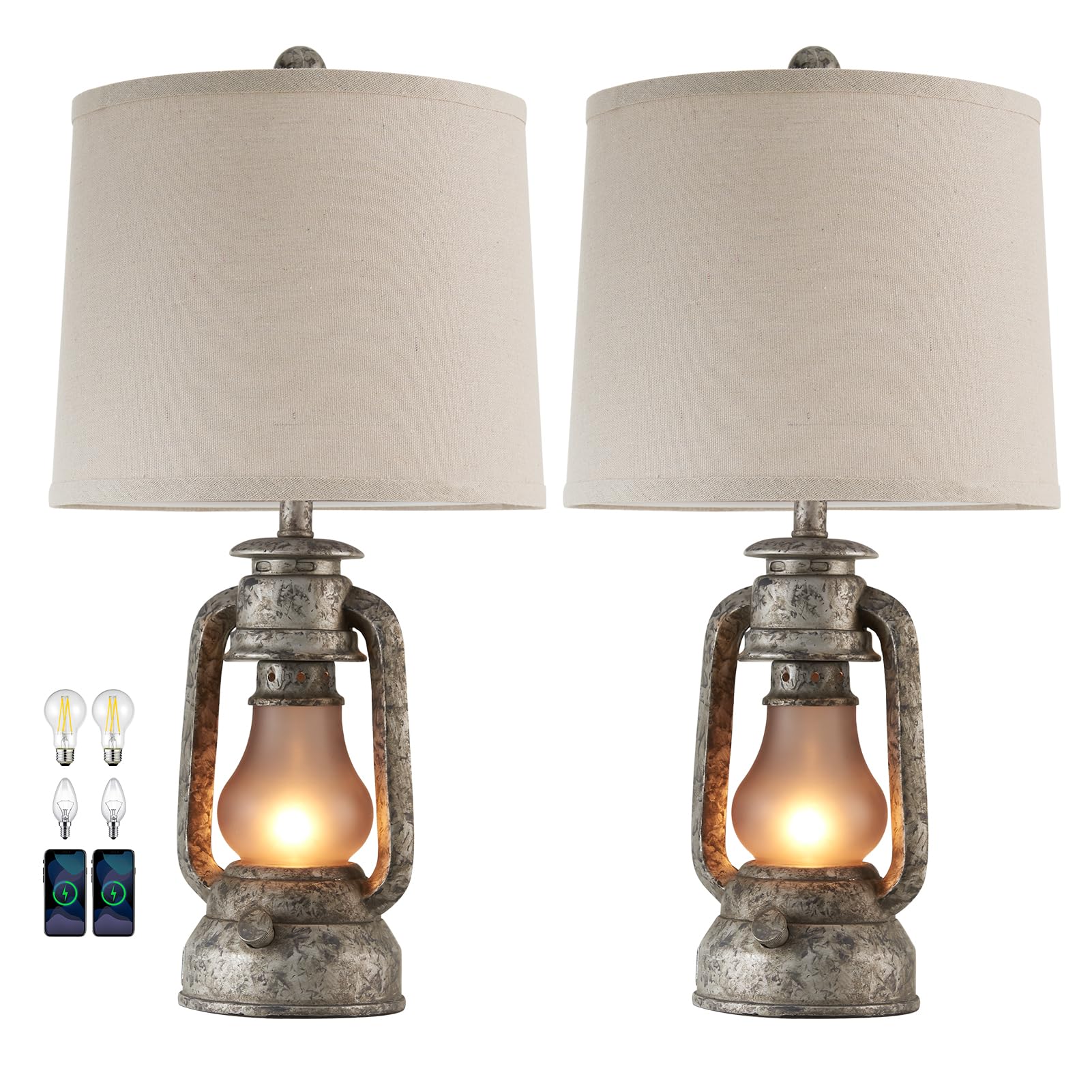 Farmhouse Lantern Table Lamps for Living Room Set of 2, Vintage Bedroom Resin Lamp with Dual USB Charging Ports, Rustic Retro Bedside Nightstand Desk Lamp, 4 Bulb Included