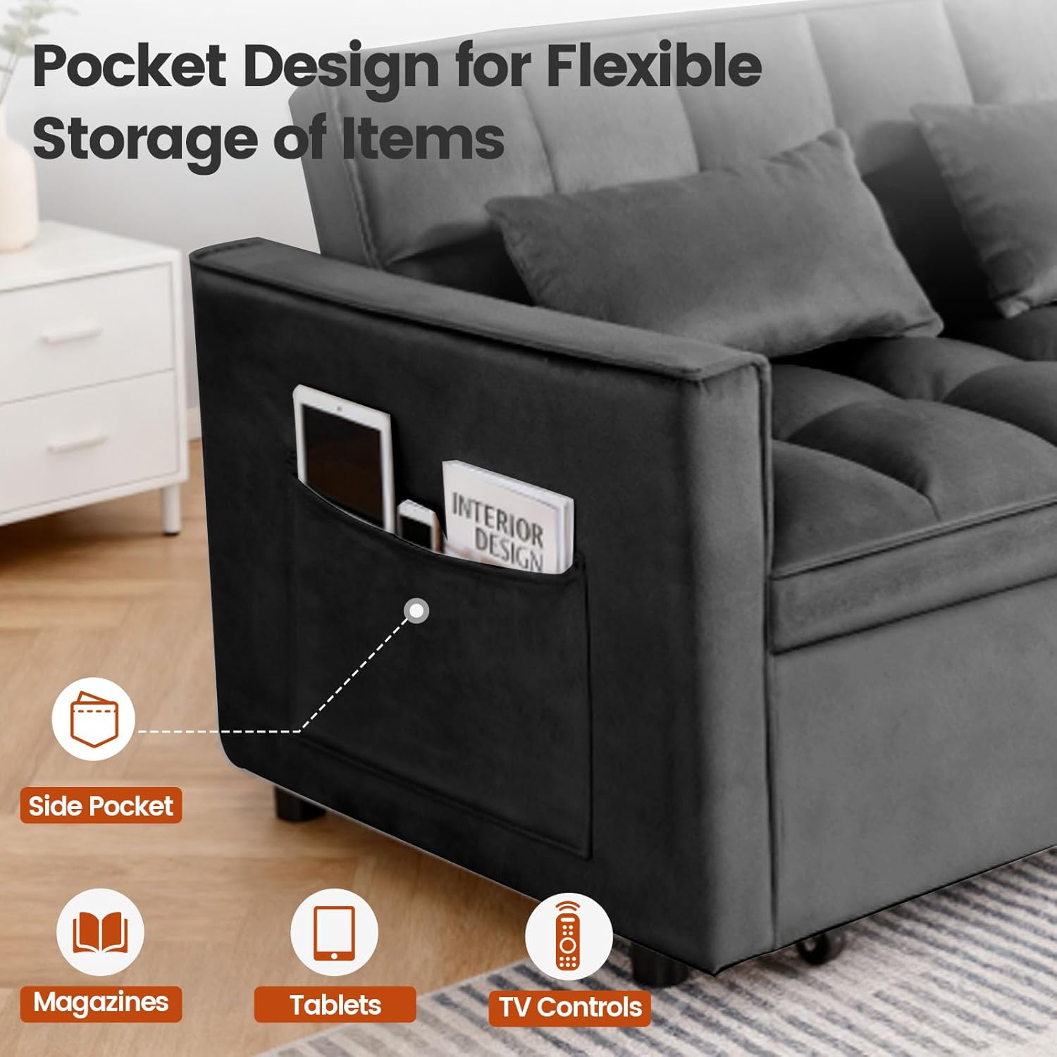 Pull Out Couch, Loveseat Sleeper Sofa Bed with Side Pockets, 3 in 1 Velvet Fabric Convertible Sofa Bed with Adjustable Backrest for Living Room, Bedroom, Apartment, Black