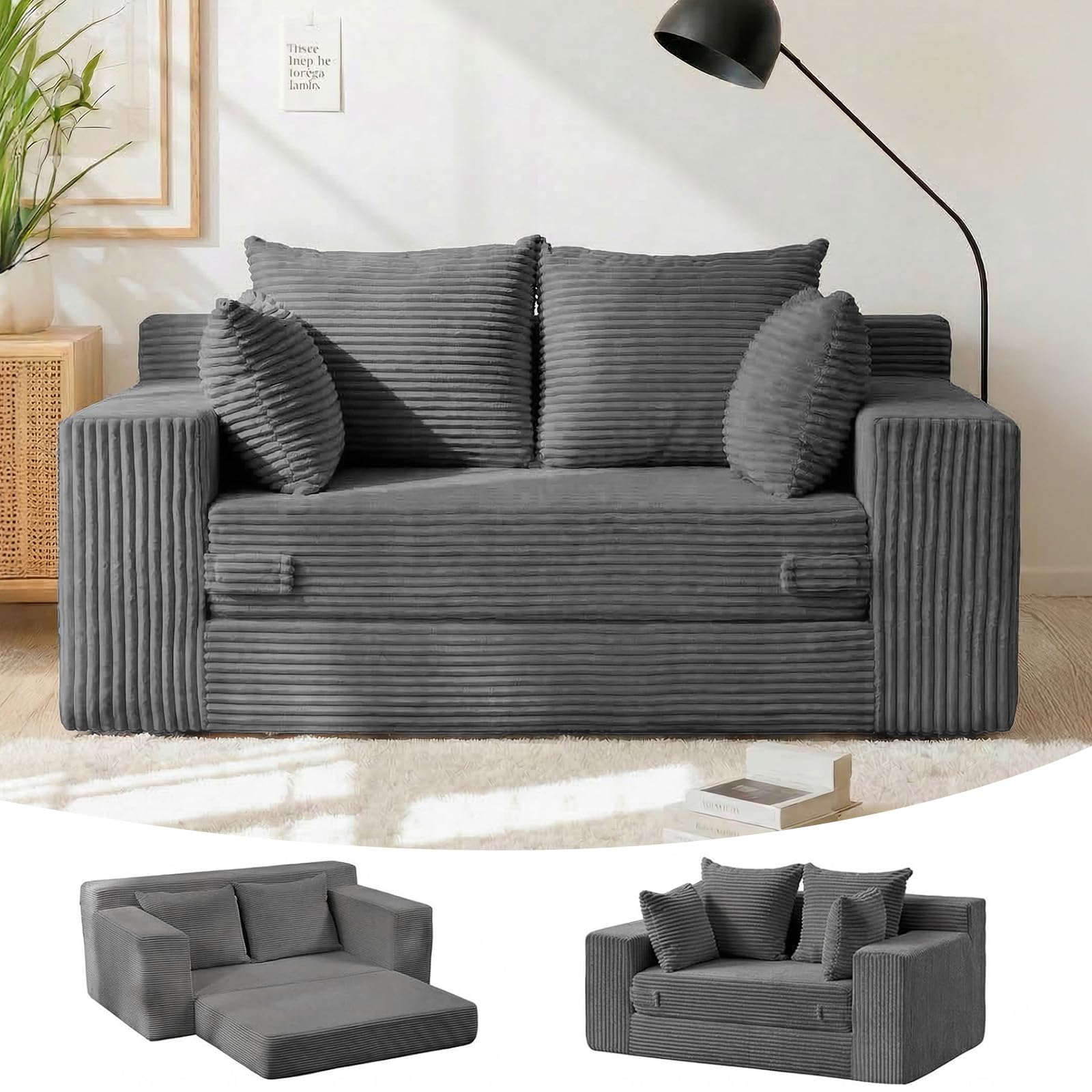 Oversized Boneless Loveseat, 3 Seater Pull Out Convertible Sofa Bed, 70" Gray Boneless Couch Fold Out Floor Couch Sleeper Sofa with 5 Pillows for Living Room Bedroom Lounge Small Space