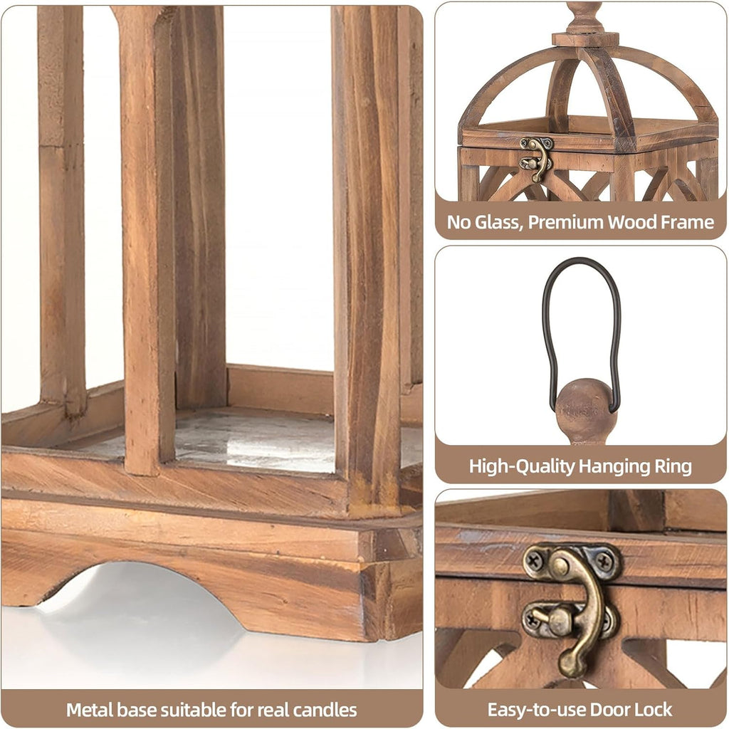 Farmhouse Lanterns Decorative Indoor: 11" & 15" Set of 2 Brown Wooden Candle Holder Lanterns for Table Centerpiece Fireplace Mantle Home Decor