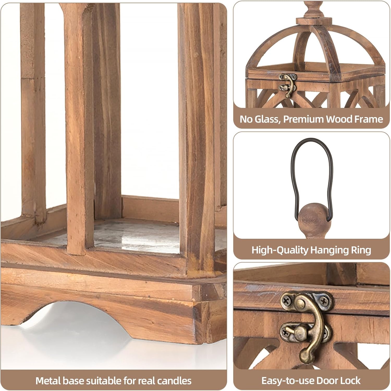 Farmhouse Lanterns Decorative Indoor: 11" & 15" Set of 2 Brown Wooden Candle Holder Lanterns for Table Centerpiece Fireplace Mantle Home Decor